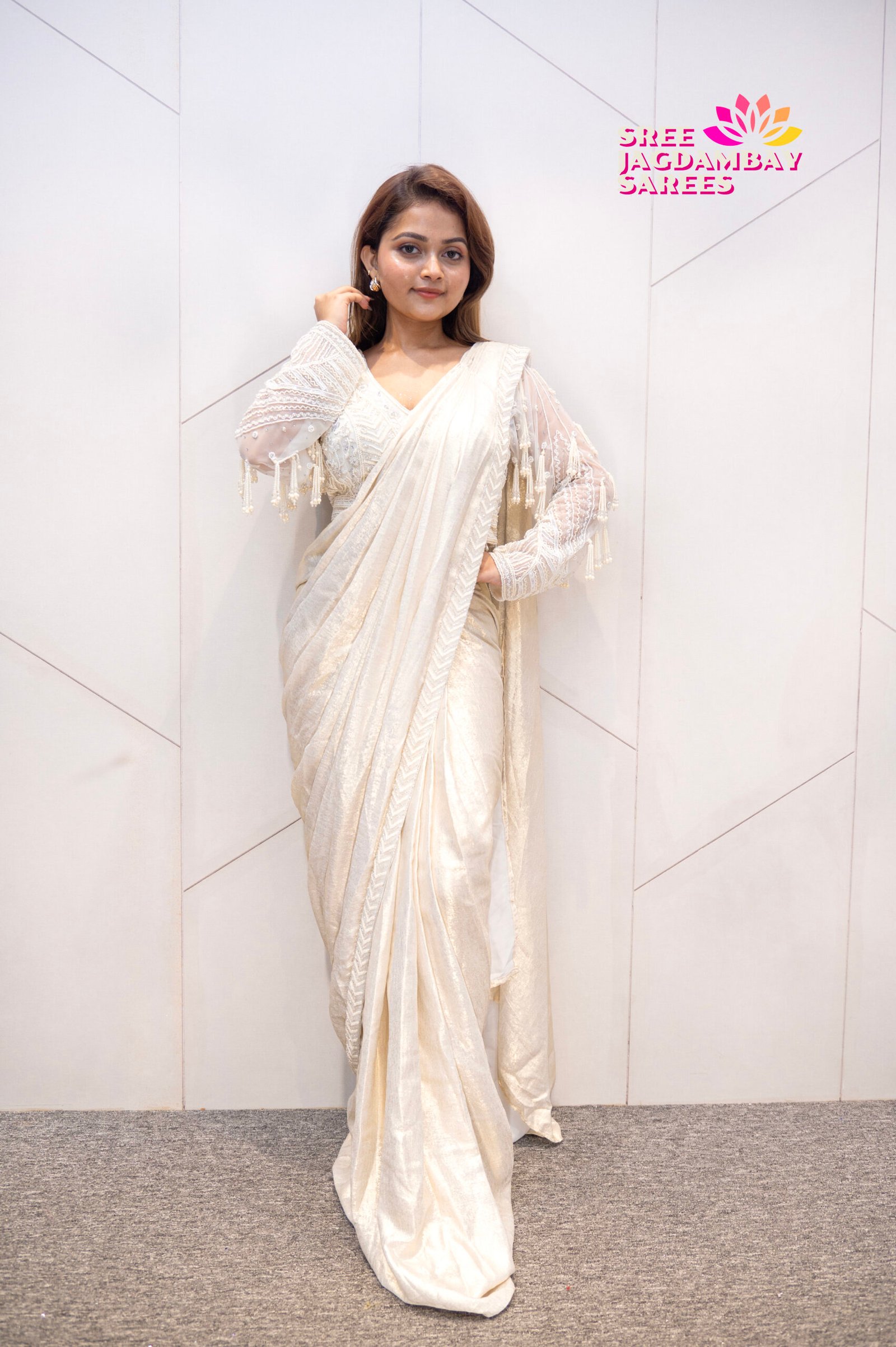 Ivory Pearl Elegance Pre-Draped Saree Set - Image 4
