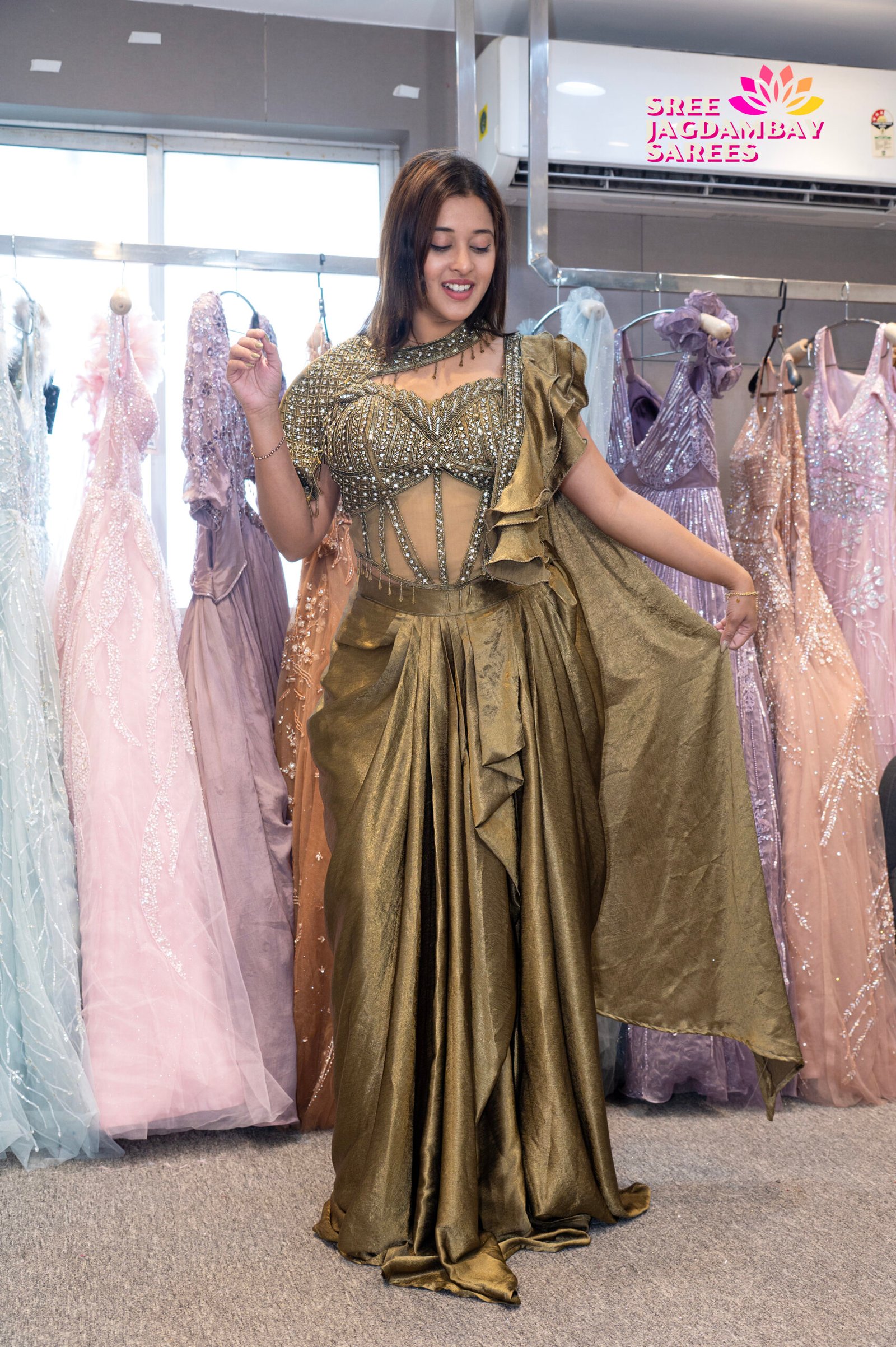 Olive Gold Sequin Ready-to-Wear Draped Saree Set - Image 3