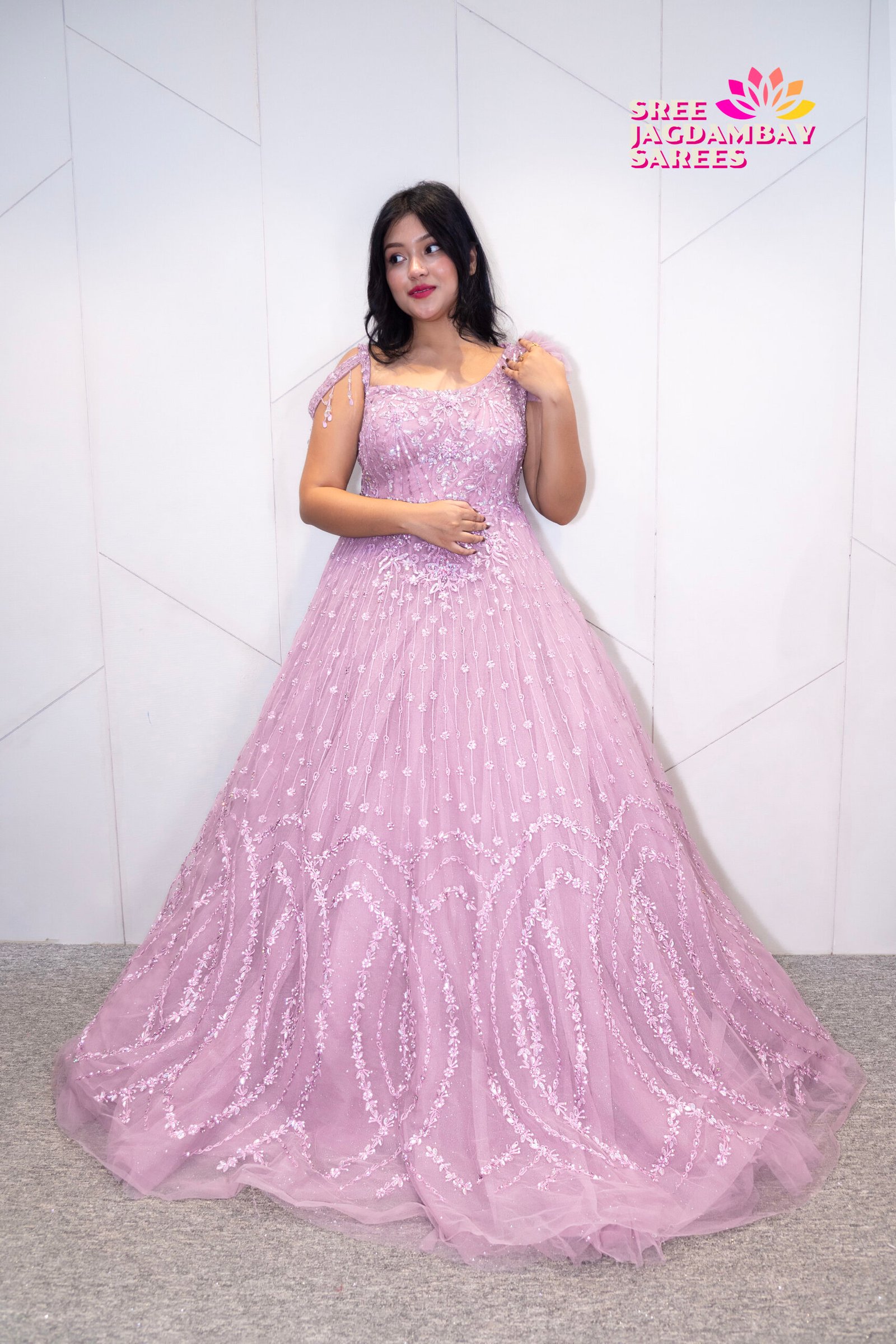 Blush Pink Embroidered Partywear Gown with Ruffle Shoulder - Image 6