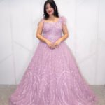 Blush Pink Embroidered Partywear Gown with Ruffle Shoulder