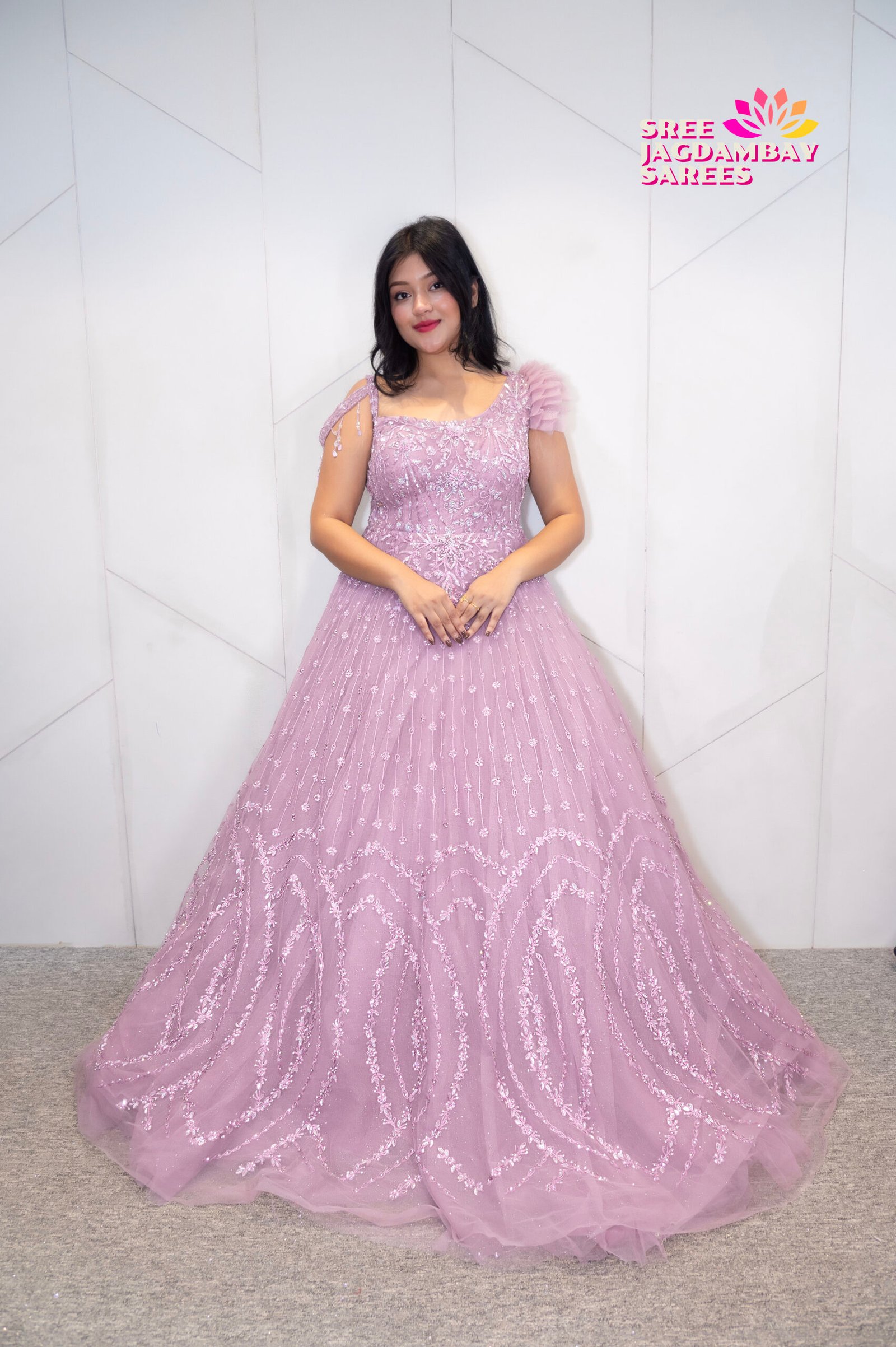 Blush Pink Embroidered Partywear Gown with Ruffle Shoulder