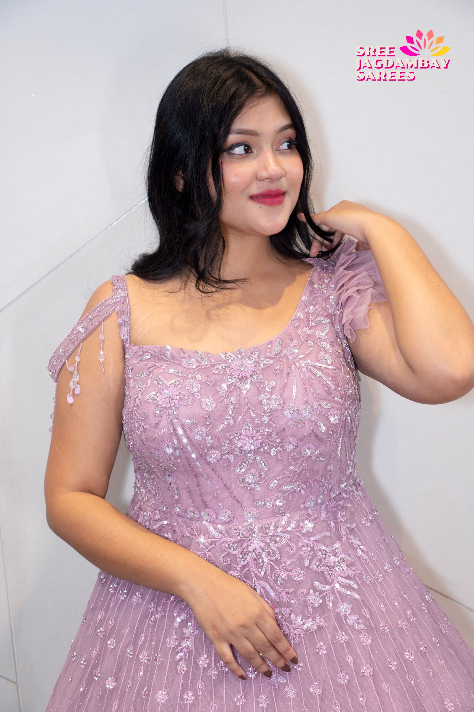 Blush Pink Embroidered Partywear Gown with Ruffle Shoulder - Image 4