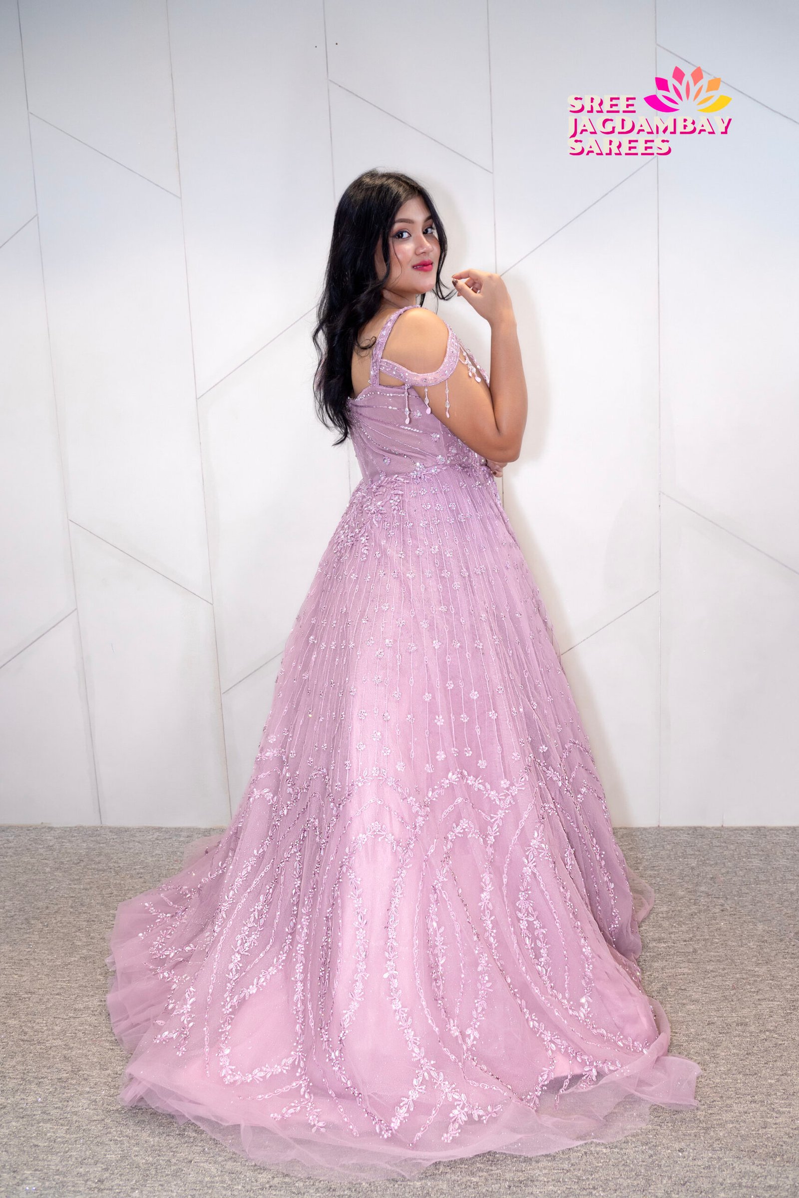 Blush Pink Embroidered Partywear Gown with Ruffle Shoulder - Image 3