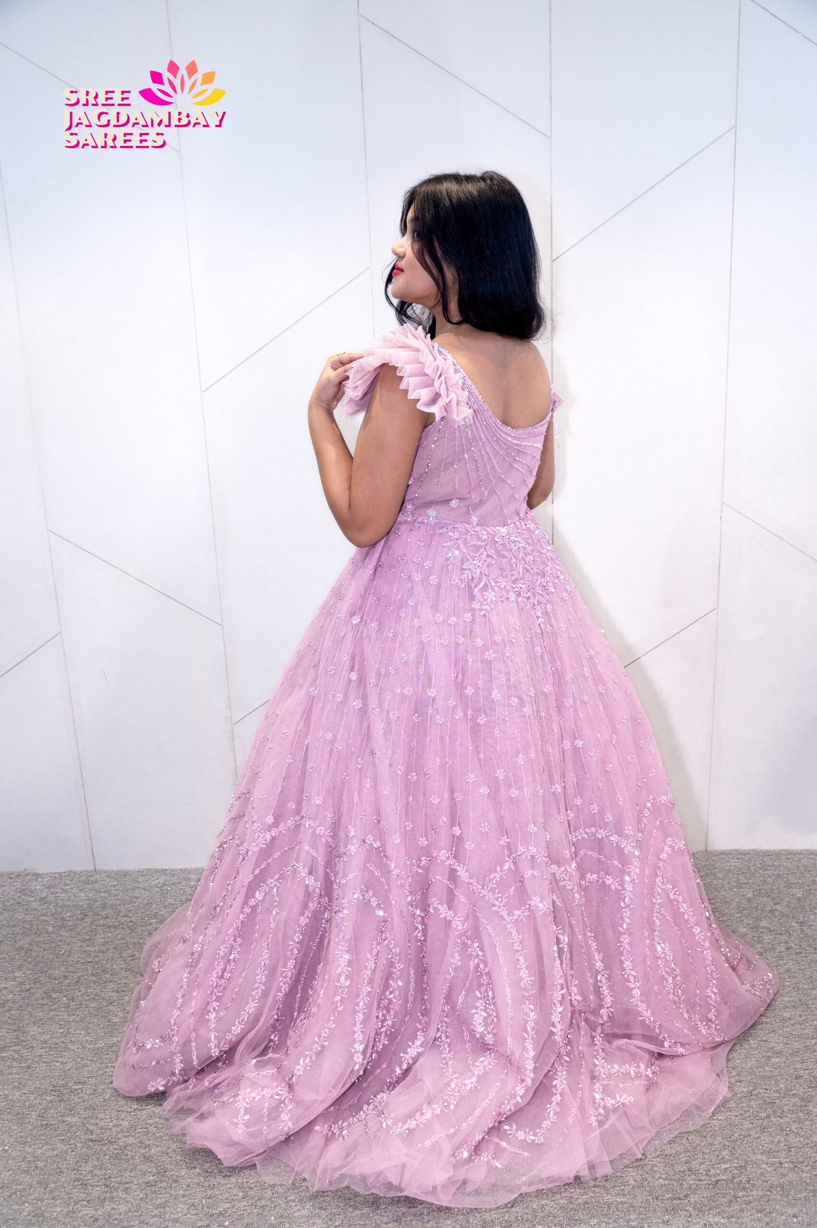 Blush Pink Embroidered Partywear Gown with Ruffle Shoulder - Image 5