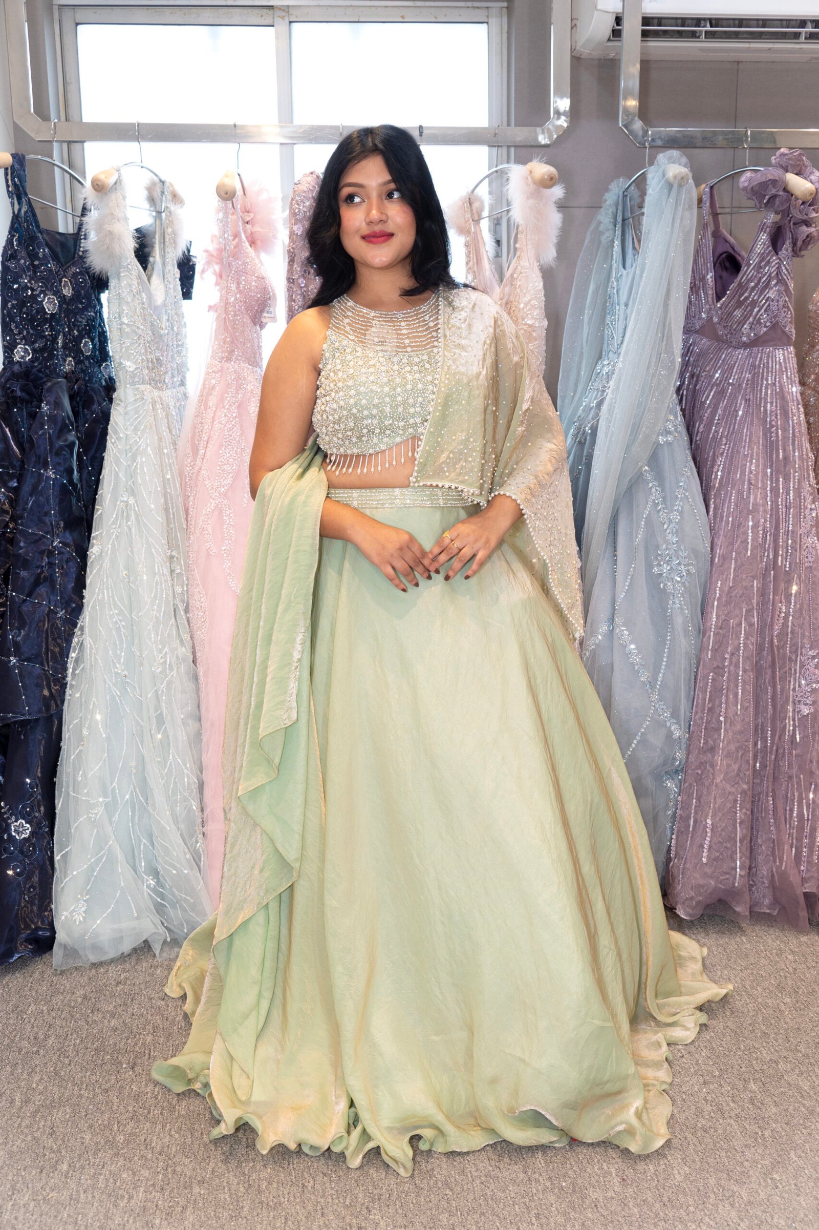 Mint Green Pearl Embellished Designer Lehenga Set with Net Dupatta