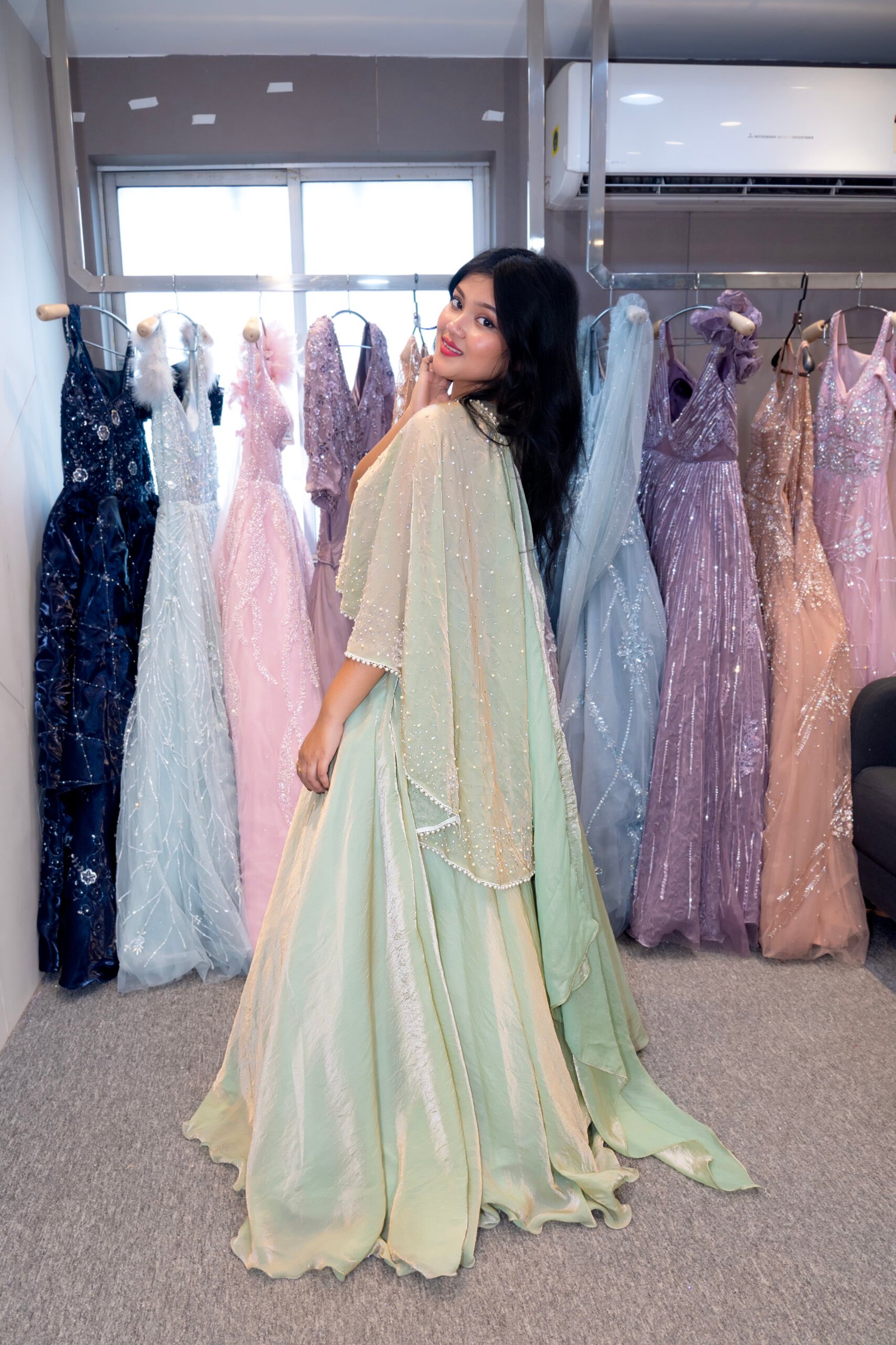 Mint Green Pearl Embellished Designer Lehenga Set with Net Dupatta - Image 2